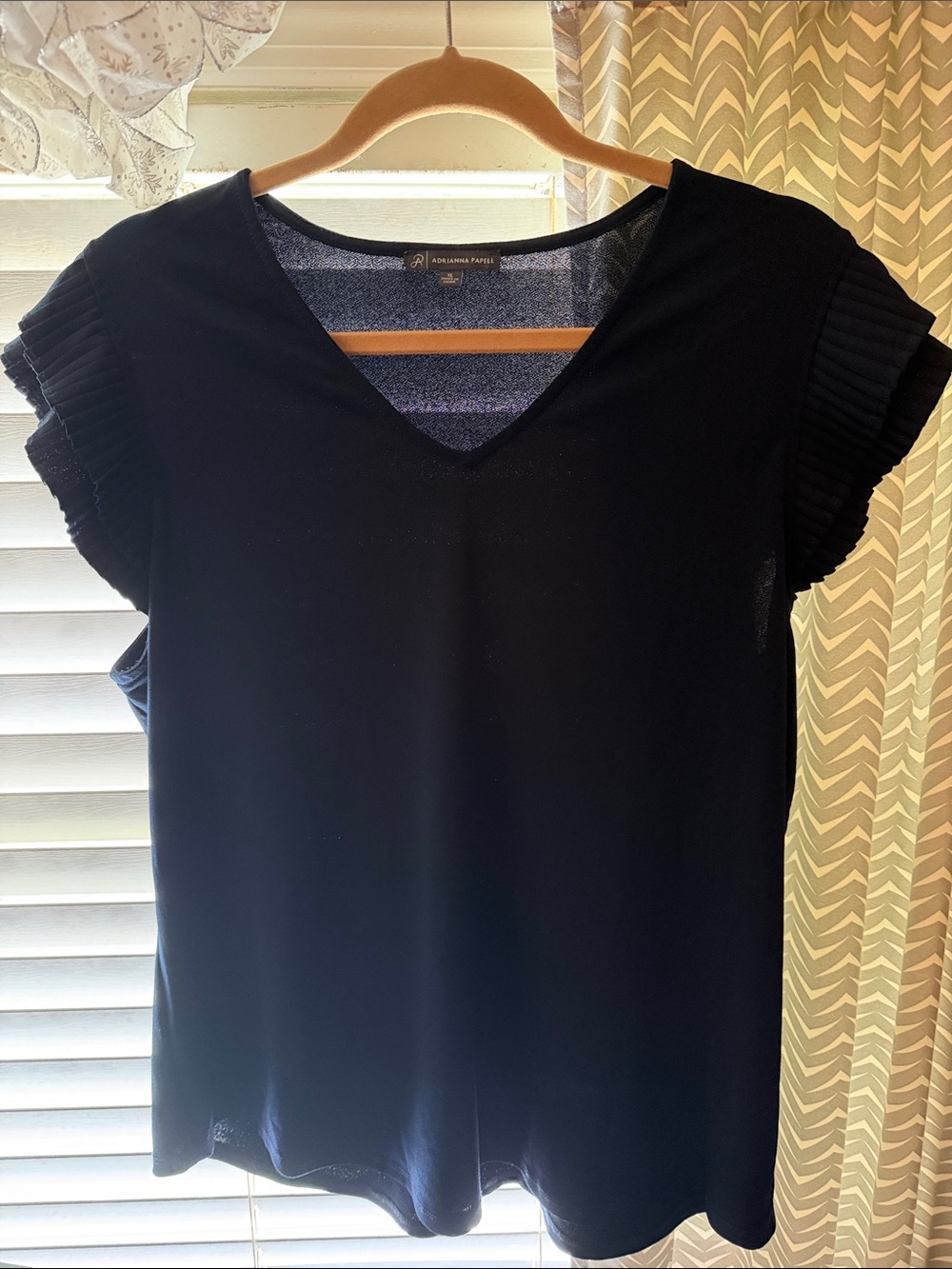 Adrianna Papell Navy V-Neck Pleated Flutter Sleeve Blouse